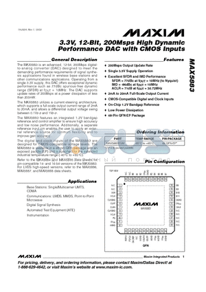 MAX5883 datasheet - 3.3V, 12-Bit, 200Msps High Dynamic Performance DAC with CMOS Inputs