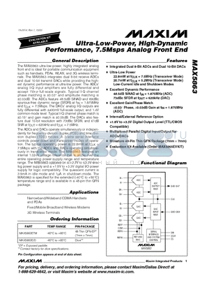 MAX5863ETM datasheet - Ultra-Low-Power, High-Dynamic Performance, 7.5Msps Analog Front End