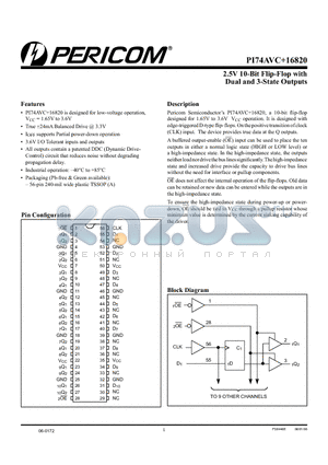 PI74AVC16820AE datasheet - 2.5V 10-Bit Flip-Flop with Dual and 3-State Outputs