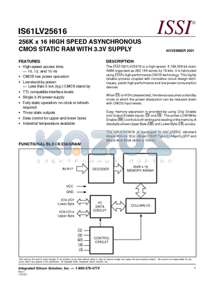 IS61LV25616-10K datasheet - 256K x 16 HIGH SPEED ASYNCHRONOUS CMOS STATIC RAM WITH 3.3V SUPPLY