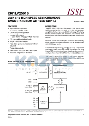 IS61LV25616-7K datasheet - 256K x 16 HIGH SPEED ASYNCHRONOUS CMOS STATIC RAM WITH 3.3V SUPPLY