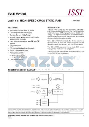 IS61LV2568L-10T datasheet - 256K x 8 HIGH-SPEED CMOS STATIC RAM