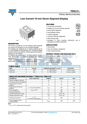 TDSL3150 datasheet - Low Current 10 mm Seven Segment Display