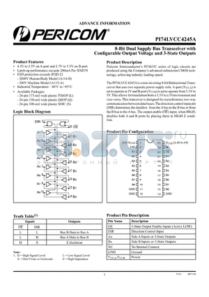 PI74LVCC4245AS datasheet - 8-Bit Dual Supply Bus Transceiver with Configurable Output Voltage and 3-State Outputs