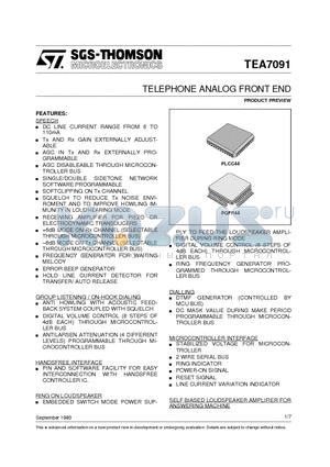 TEA7091 datasheet - TELEPHONE ANALOG FRONT END