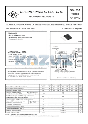 GBK25A datasheet - TECHNICAL SPECIFICATIONS OF SINGLE-PHASE GLASS PASSIVATED BRIDGE RECTIFIER
