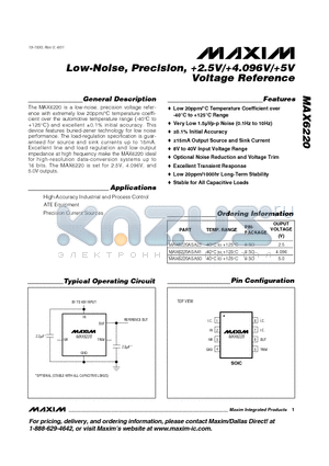 MAX6220ASA50 datasheet - Low-Noise, Precision, 2.5V/4.096V/5V Voltage Reference