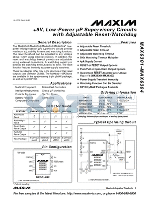 MAX6301EPA datasheet - 5V, Low-Power uP Supervisory Circuits with Adjustable Reset/Watchdog