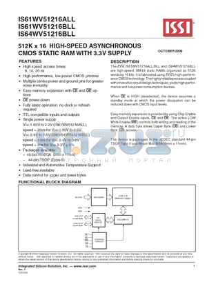 IS61WV51216BLL-10TI datasheet - 512K x 16 HIGH-SPEED ASYNCHRONOUS CMOS STATIC RAM WITH 3.3V SUPPLY