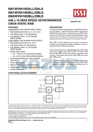 IS61WV6416DALL/DALS datasheet - 64K x 16 HIGH SPEED ASYNCHRONOUS CMOS STATIC RAM