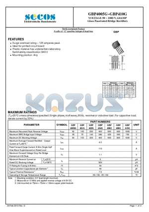 GBP4005G datasheet - VOLTAGE 50 ~ 1000 V, 4.0AMP Glass Passivated Bridge Rectifiers