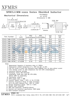 XFHCL11MM-4R7M datasheet - MEASUREMENT FREQUENCY OF INDUCTANCE VALUE: AT 100KHz
