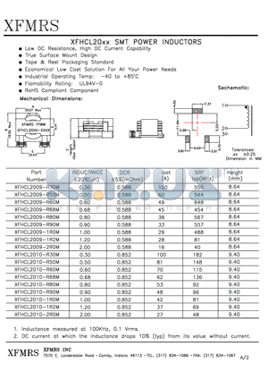 XFHCL2009-R50M datasheet - SMT POWER INDUCTORS Low DC Resistance, High DC Current Capability