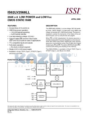 IS62LV2568LL-85H datasheet - 256K x 8 LOW POWER and LOW Vcc CMOS STATIC RAM