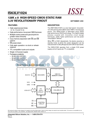 IS63LV1024-8JI datasheet - 128K x 8 HIGH-SPEED CMOS STATIC RAM 3.3V REVOLUTIONARY PINOUT