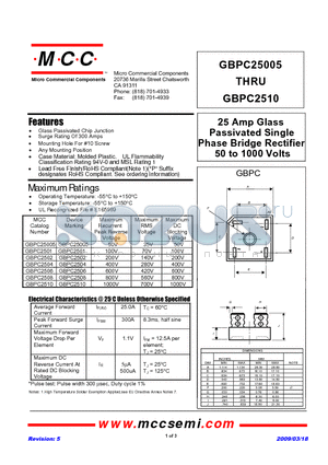 GBPC25005 datasheet - 25 Amp Glass Passivated Single Phase Bridge Rectifier 50 to 1000 Volts