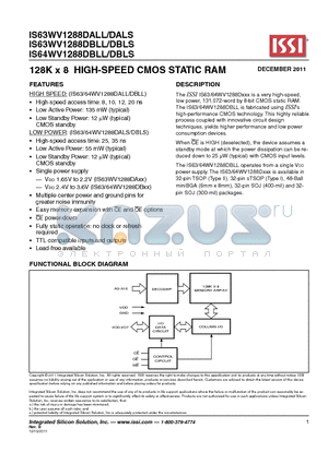 IS63WV1288DALL/DALS datasheet - 128K x 8 HIGH-SPEED CMOS STATIC RAM