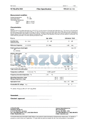 TFS211A datasheet - Filter Specification