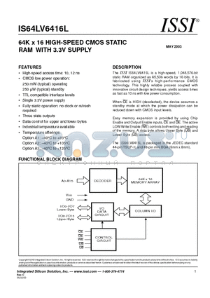 IS64LV6416L-10BA1 datasheet - 64K x 16 HIGH-SPEED CMOS STATIC RAM WITH 3.3V SUPPLY