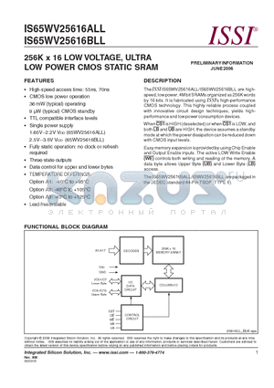 IS65WV25616ALL-70TA3 datasheet - 256K x 16 LOW VOLTAGE, ULTRA LOW POWER CMOS STATIC SRAM