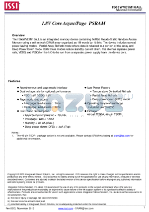 IS66WVE1M16ALL-70BLI datasheet - 1.8V Core Async/Page PSRAM