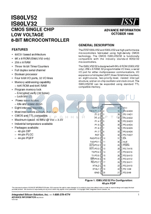 IS80LV32-24PQI datasheet - CMOS SINGLE CHIP LOW VOLTAGE 8-BIT MICROCONTROLLER