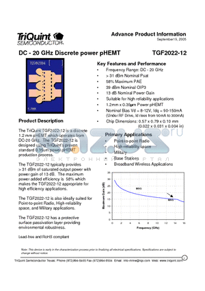 TGF2022-12 datasheet - DC - 20 GHz Discrete power pHEMT