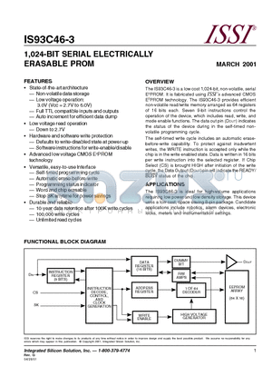 IS93C46-3PI datasheet - 1,024-BIT SERIAL ELECTRICALLY ERASABLE PROM