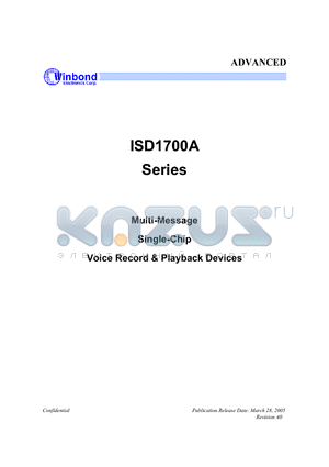ISD1700A datasheet - Multi-Message Single-Chip Voice Record&Playback Devices