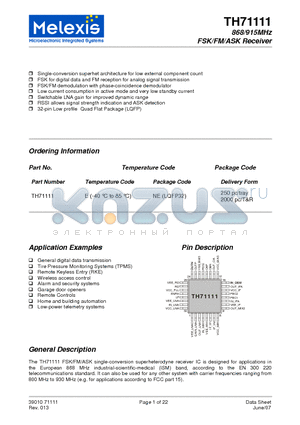 TH71111ENE datasheet - 868/915MHz FSK/FM/ASK Receiver