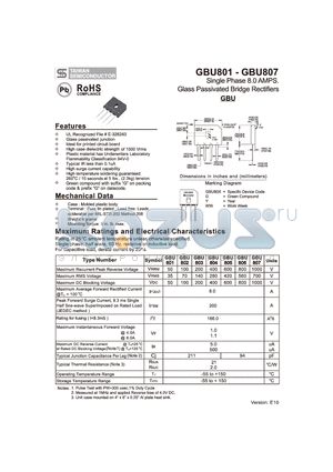 GBU801_10 datasheet - Single Phase 8.0 AMPS. Glass Passivated Bridge Rectifiers