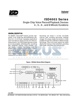 ISD4003-04MS datasheet - Single-Chip Voice Record/Playback Devices 4-, 5-, 6-, and 8-Minute Durations