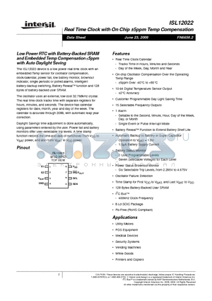 ISL12022IBZ datasheet - Real Time Clock with On Chip a5ppm Temp Compensation