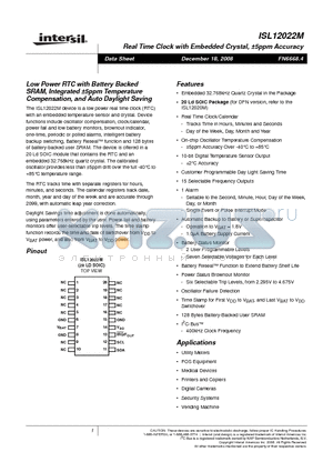 ISL12022MIBZ datasheet - Real Time Clock with Embedded Crystal, a5ppm Accuracy