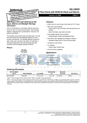 ISL12030IBZ datasheet - Low Power RTC with 50/60 Cycle AC Input, Alarms and Daylight Savings Correction