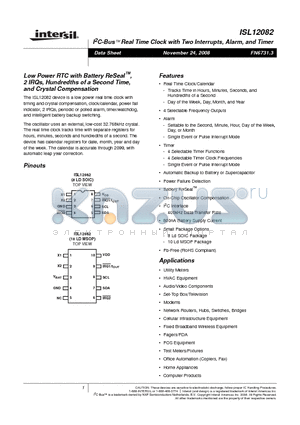 ISL12082IUZ-T datasheet - I2C-Bus Real Time Clock with Two Interrupts, Alarm, and Timer