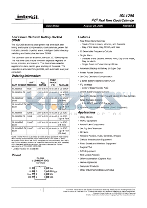 ISL1208IB8 datasheet - Low Power RTC with Battery Backed SRAM