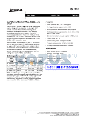 ISL1535 datasheet - Dual Channel Central Office ADSL2 Line Driver