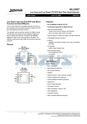 ISL12057IUZ-T datasheet - Low Cost and Low Power I2C RTC Real Time Clock/Calendar