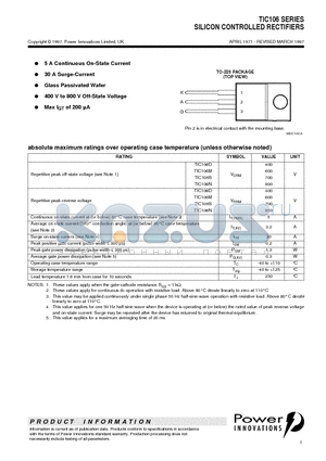 TIC106M datasheet - SILICON CONTROLLED RECTIFIERS