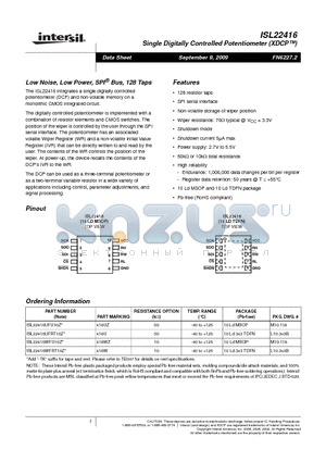 ISL22416UFRT10Z datasheet - Single Digitally Controlled Potentiometer XDCP