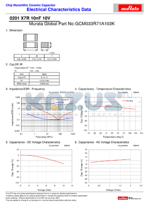 GCM033R71A103K datasheet - Chip Monolithic Ceramic Capacitor 0201 X7R 10nF 10V
