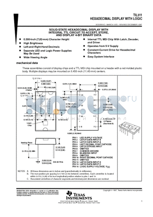 TIL311_1 datasheet - HEXADECIMAL DISPLAY WITH LOGIC