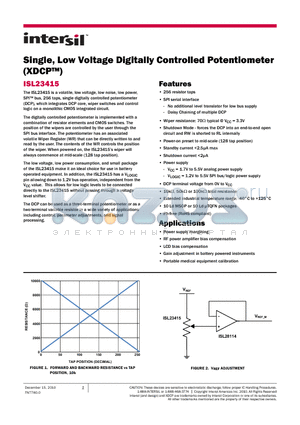 ISL23415UFRUZ-TK datasheet - Single, Low Voltage Digitally Controlled Potentiometer (XDCP)