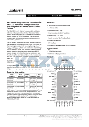 ISL24006IRZ-T7 datasheet - 14-Channel Programmable Switchable I2C TFT-LCD Reference Voltage Generator with Integrated 4-Channel Static Gamma Drivers