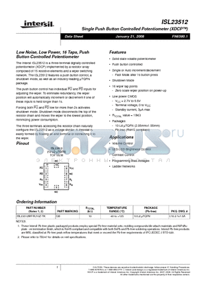 ISL23512WFRU10Z-TK datasheet - Low Noise, Low Power, 16 Taps, Push Button Controlled Potentiometer