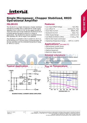 ISL28133ISENS-EV1Z datasheet - Single Micropower, Chopper Stabilized, RRIO Operational Amplifier