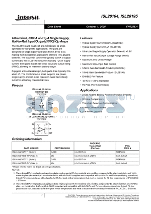 ISL28195FHZ-T7 datasheet - Ultra-Small, 330nA and 1uA Single Supply, Rail-to-Rail Input/Output (RRIO) Op Amps