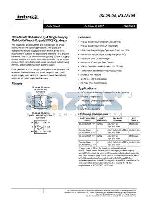 ISL28195FRUZ-T7 datasheet - Ultra-Small, 330nA and 1lA Single Supply, Rail-to-Rail Input/Output (RRIO) Op Amps