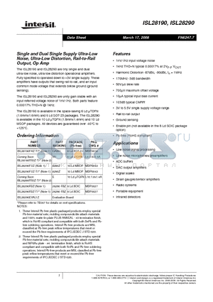 ISL28190_08 datasheet - Single and Dual Ultra-Low Noise, Ultra-Low Distortion, Rail-to-Rail Output, Op Amp
